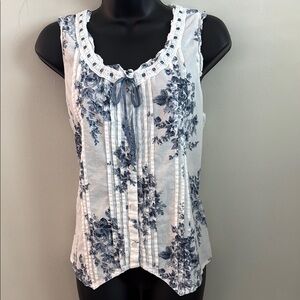 White & Blue Floral Tie-Neck Sleeveless Tank Top